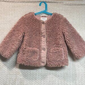 Zara Pink Sherpa Teddy Bear Button Up Jacket Girls Size 4-5 Preppy Cozy Winter